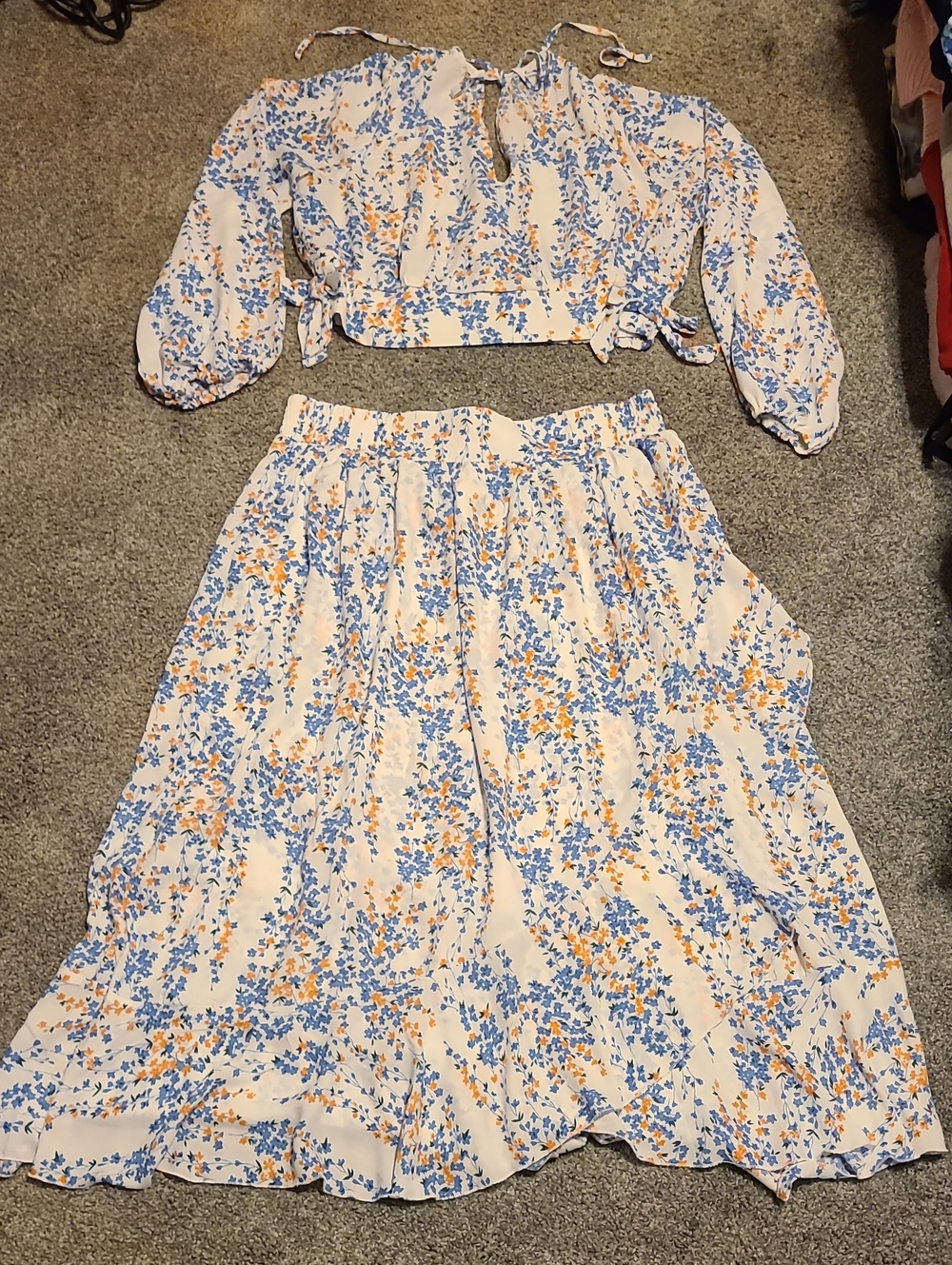 Floral Maxi Skirt and Crop Top Set - Blue & Peach Floral on Cream